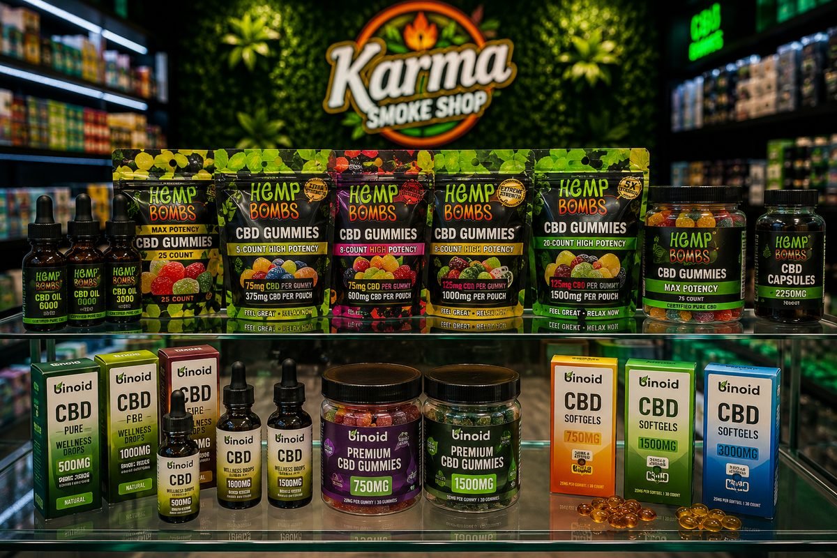 CBD gummies, oils, and wellness products at Karma Smoke Shop Houston