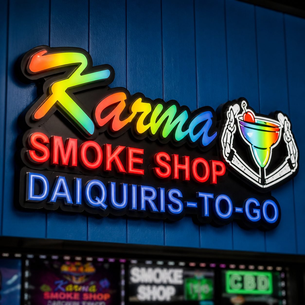 Karma Smoke Shop daiquiris to-go neon sign Houston