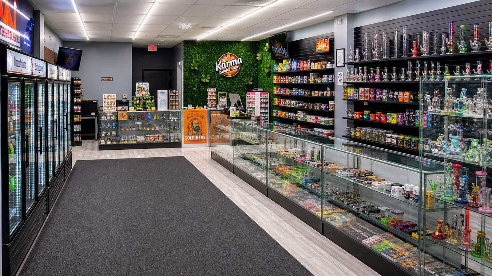 Karma Smoke Shop Houston interior — premium glass display cases