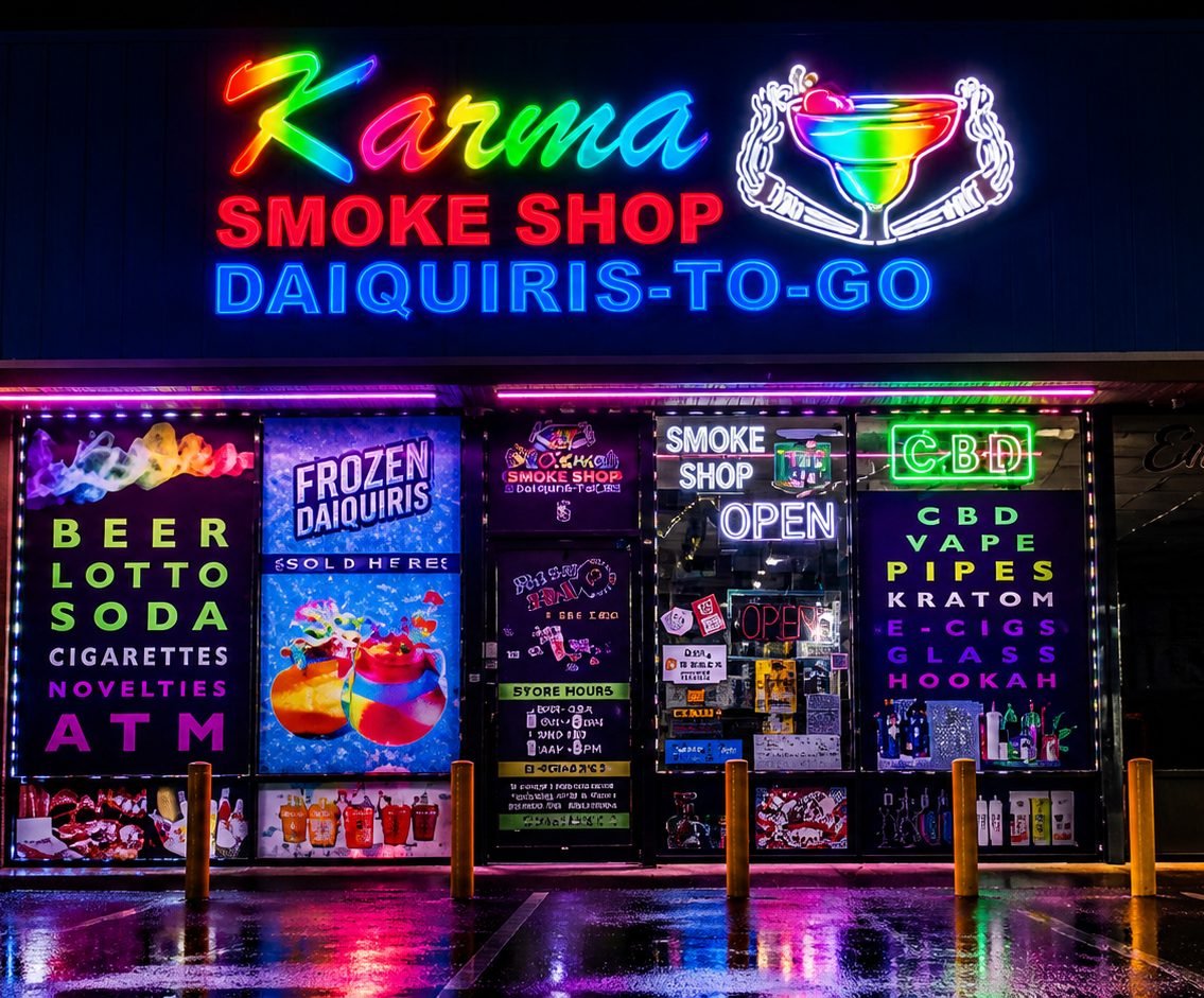 Karma Smoke Shop Houston storefront at night